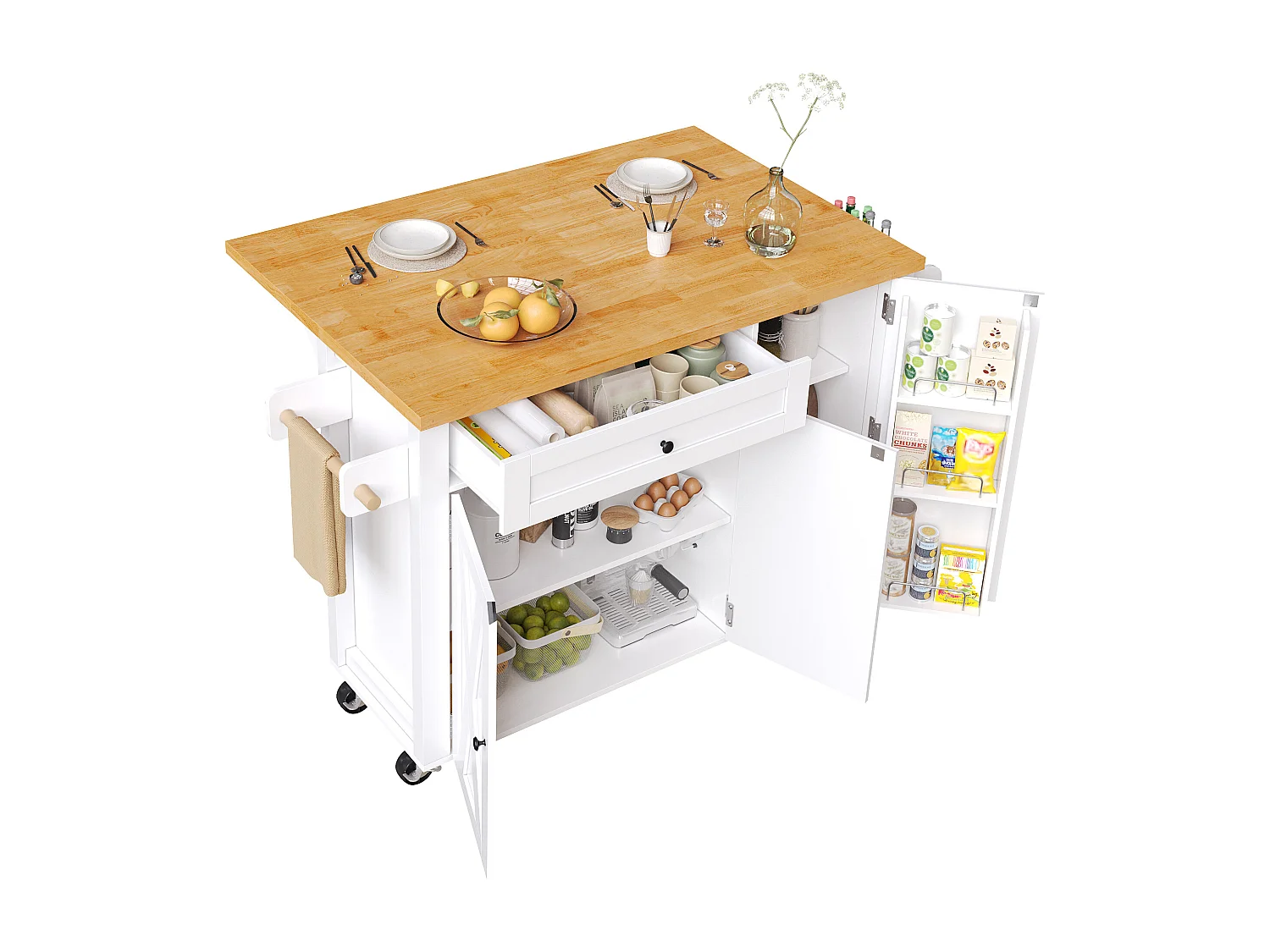 Isola centrale cucina mobile - Piano estendibile - 121x70x90 cm - 1 cassetto e 3 ante - con portasciugamani - MDF - Bianco