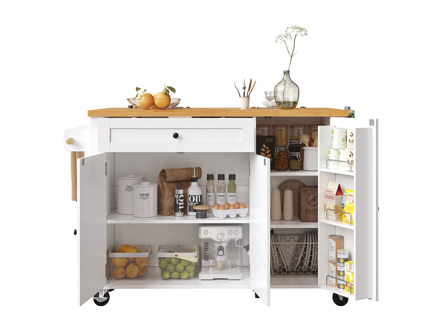 Isola centrale cucina mobile - Piano estendibile - 121x70x90 cm - 1 cassetto e 3 ante - con portasciugamani - MDF - Bianco