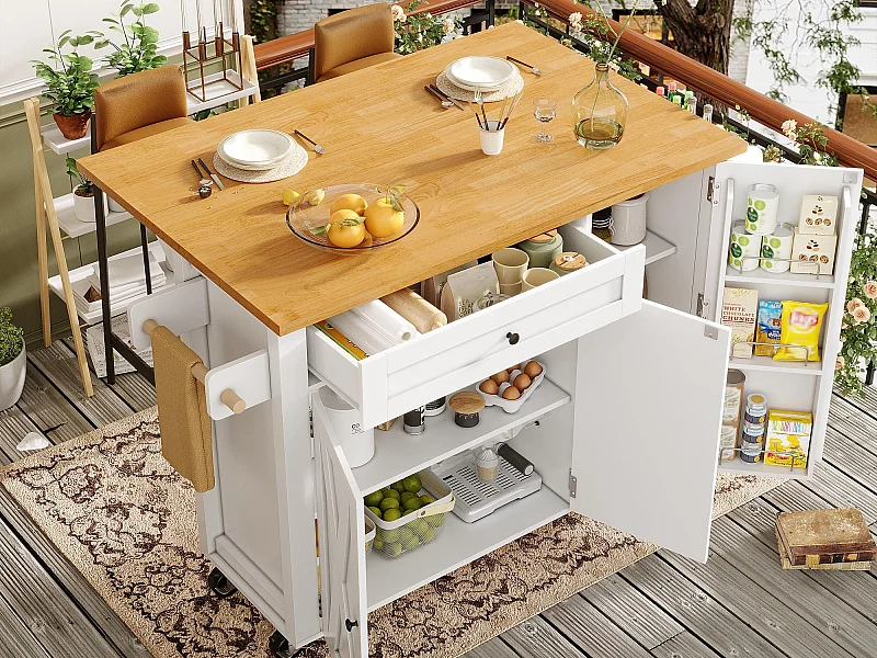 Isla de cocina central móvil - Tablero extensible - 121x70x90 cm - 1 cajón y 3 puertas - con toallero - MDF - Blanco