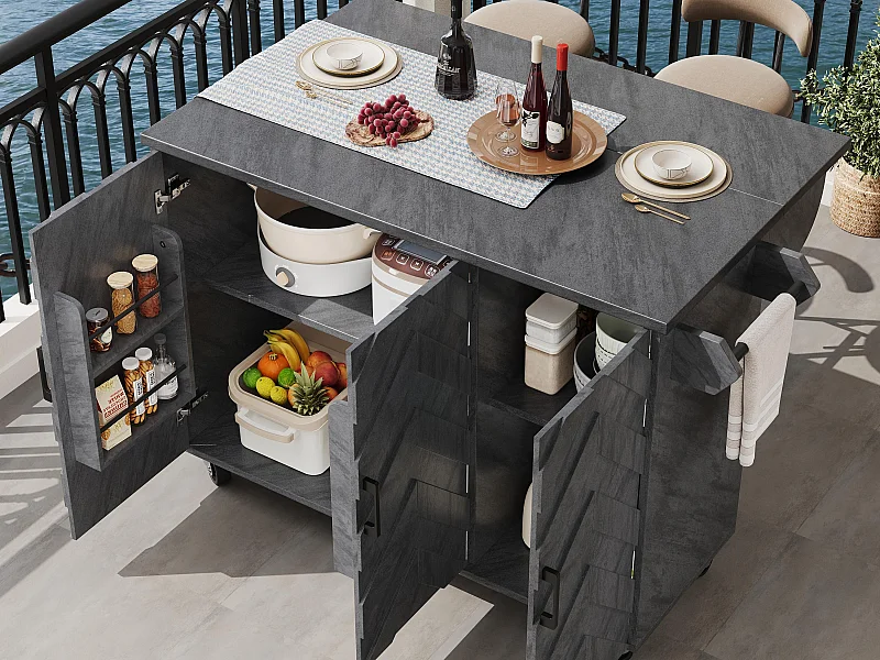 Ilot central de cuisine mobile - Plateau extensible - 130x75x92cm - 3 portes - étagères ouvertes - avec porte-serviettes - MDF - Gris