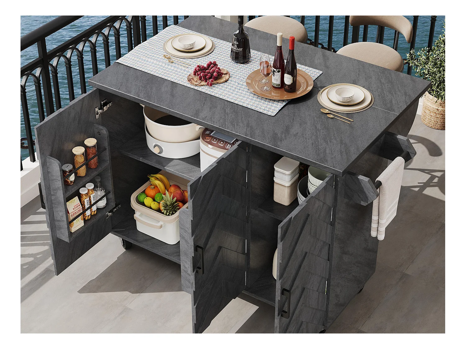 Ilot central de cuisine mobile - Plateau extensible - 130x75x92cm - 3 portes - étagères ouvertes - avec porte-serviettes - MDF - Gris