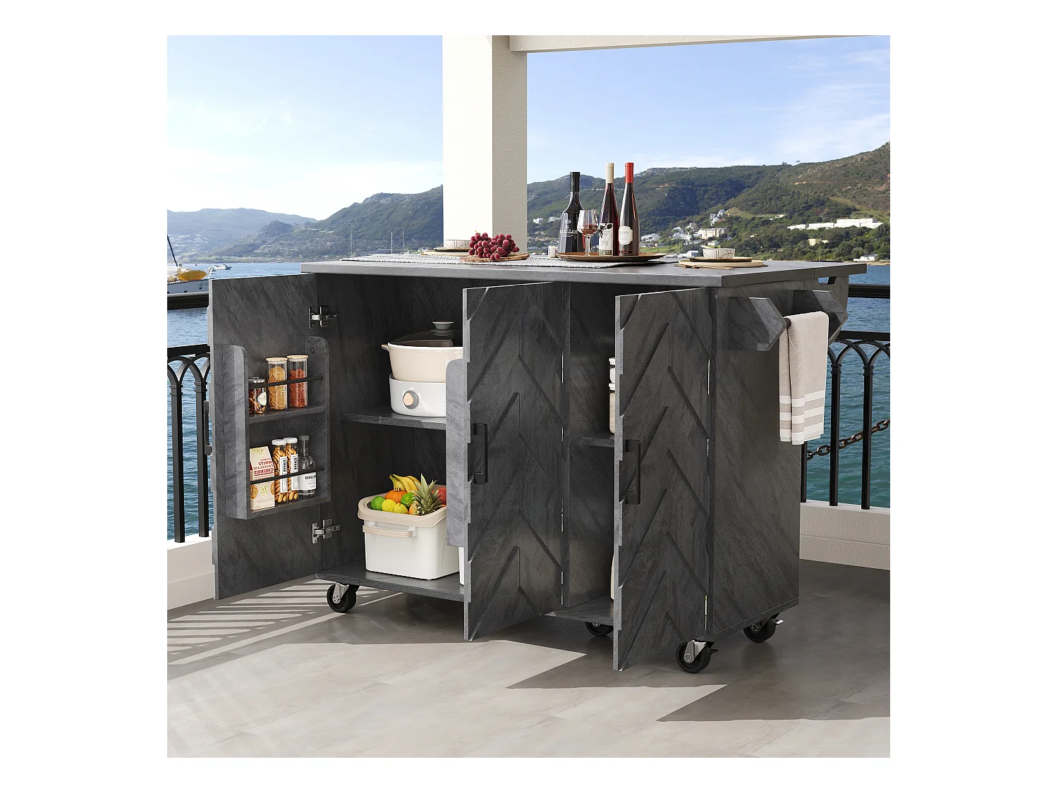 Ilot central de cuisine mobile - Plateau extensible - 130x75x92cm - 3 portes - étagères ouvertes - avec porte-serviettes - MDF - Gris