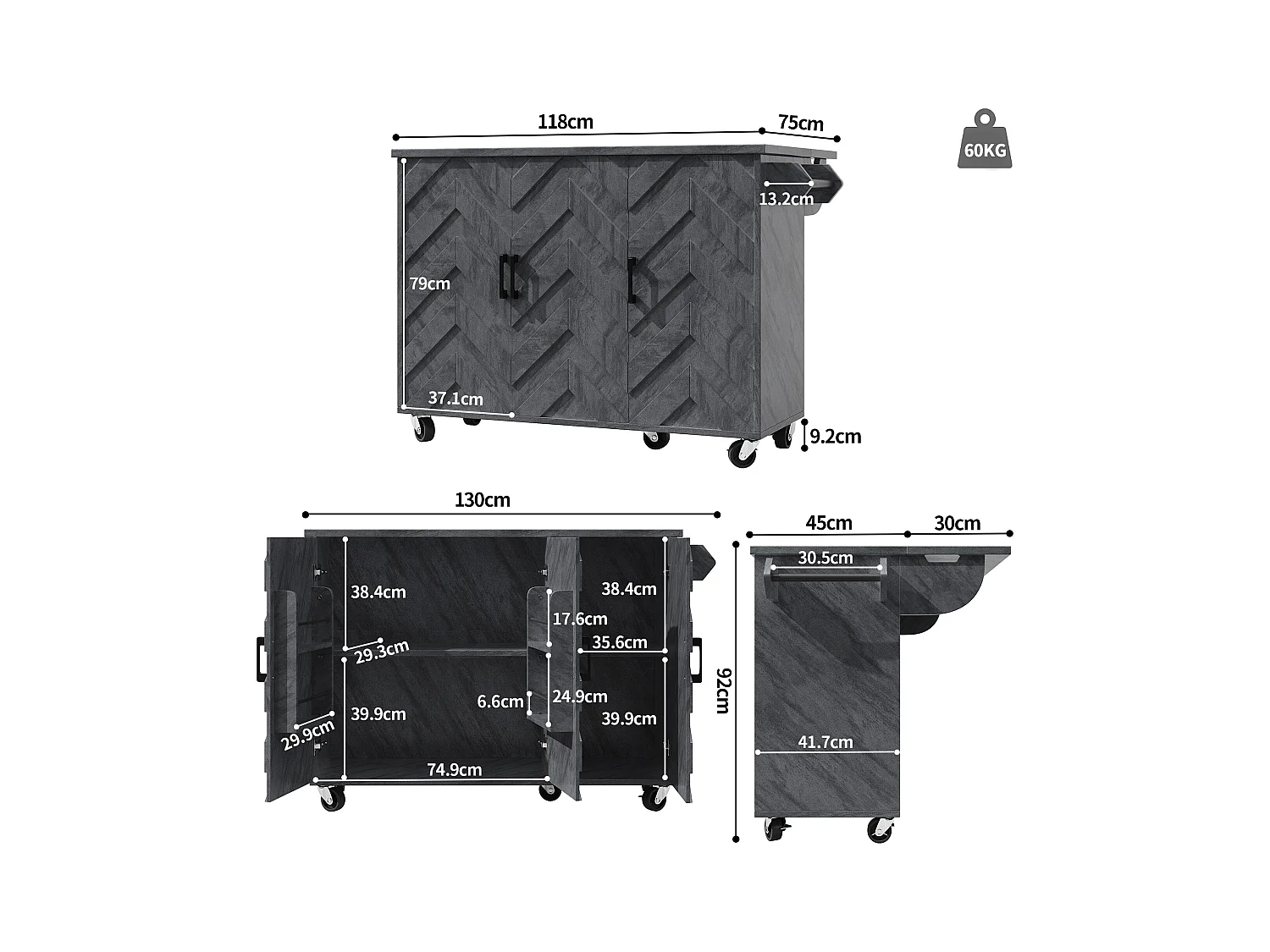 Ilot central de cuisine mobile - Plateau extensible - 130x75x92cm - 3 portes - étagères ouvertes - avec porte-serviettes - MDF - Gris