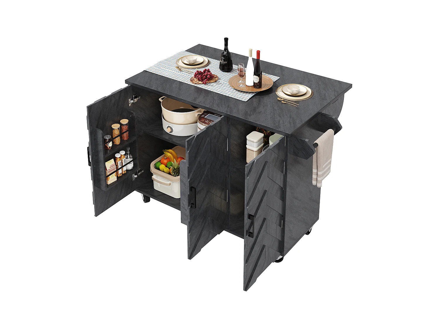 Ilot central de cuisine mobile - Plateau extensible - 130x75x92cm - 3 portes - étagères ouvertes - avec porte-serviettes - MDF - Gris