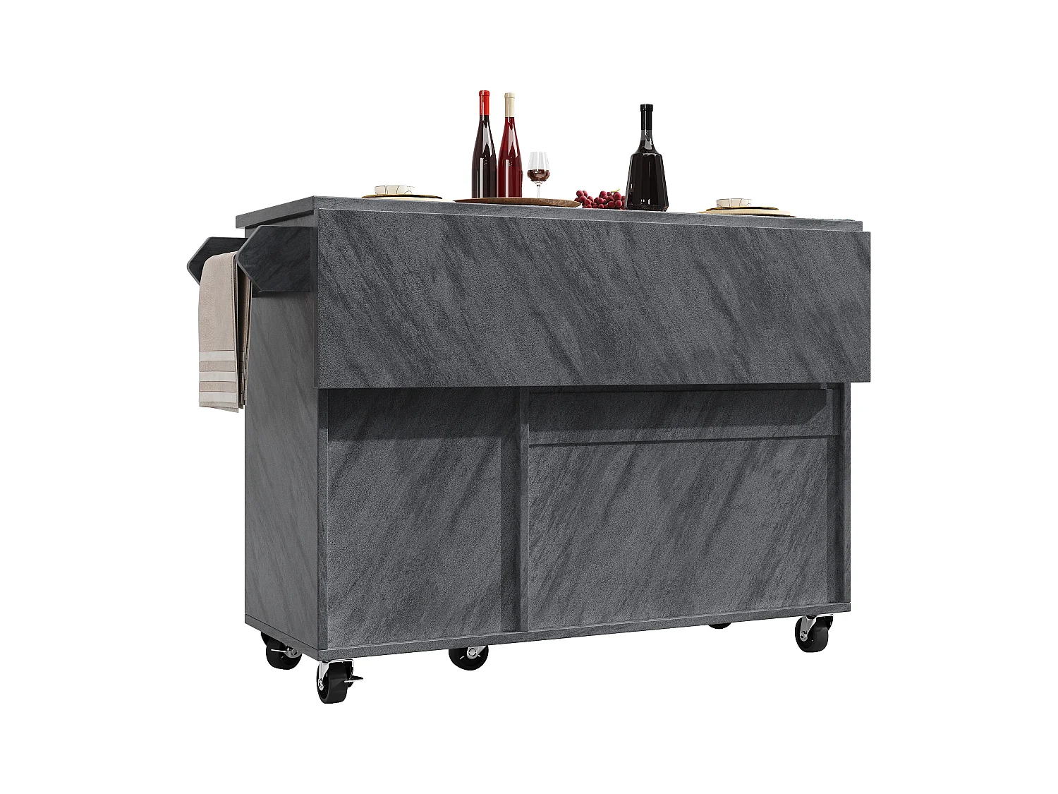 Ilot central de cuisine mobile - Plateau extensible - 130x75x92cm - 3 portes - étagères ouvertes - avec porte-serviettes - MDF - Gris