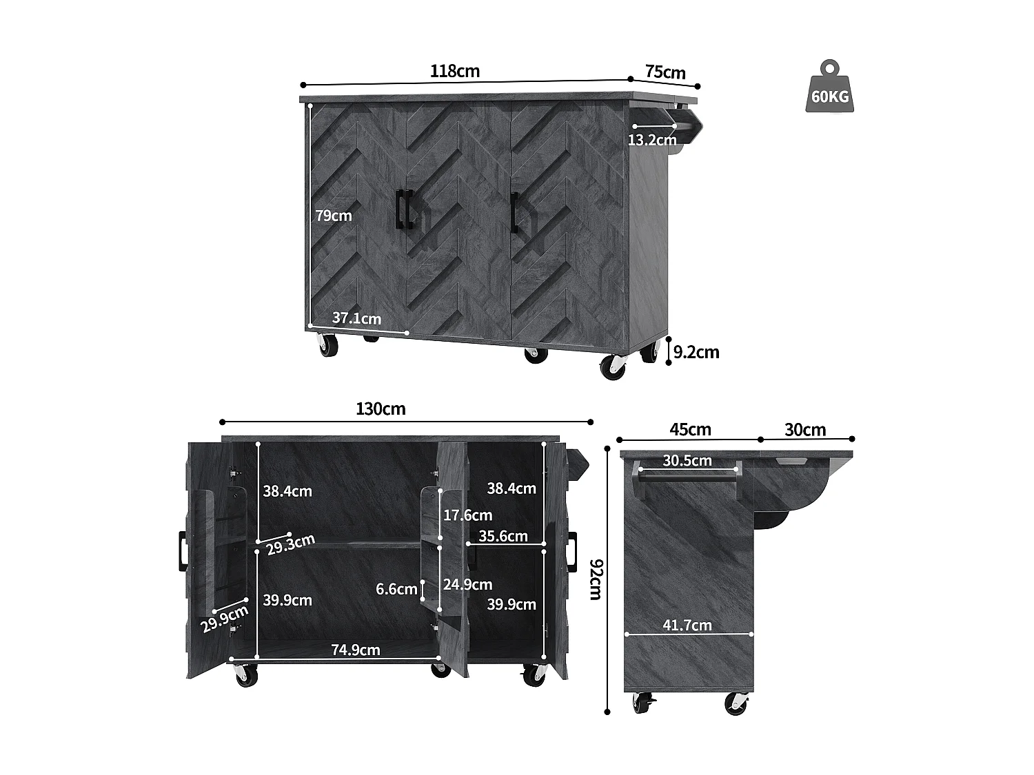 Isola centrale cucina mobile - Piano estendibile - 130x75x92 cm - 3 ante - ripiani aperti - con portasciugamani - MDF - Grigio