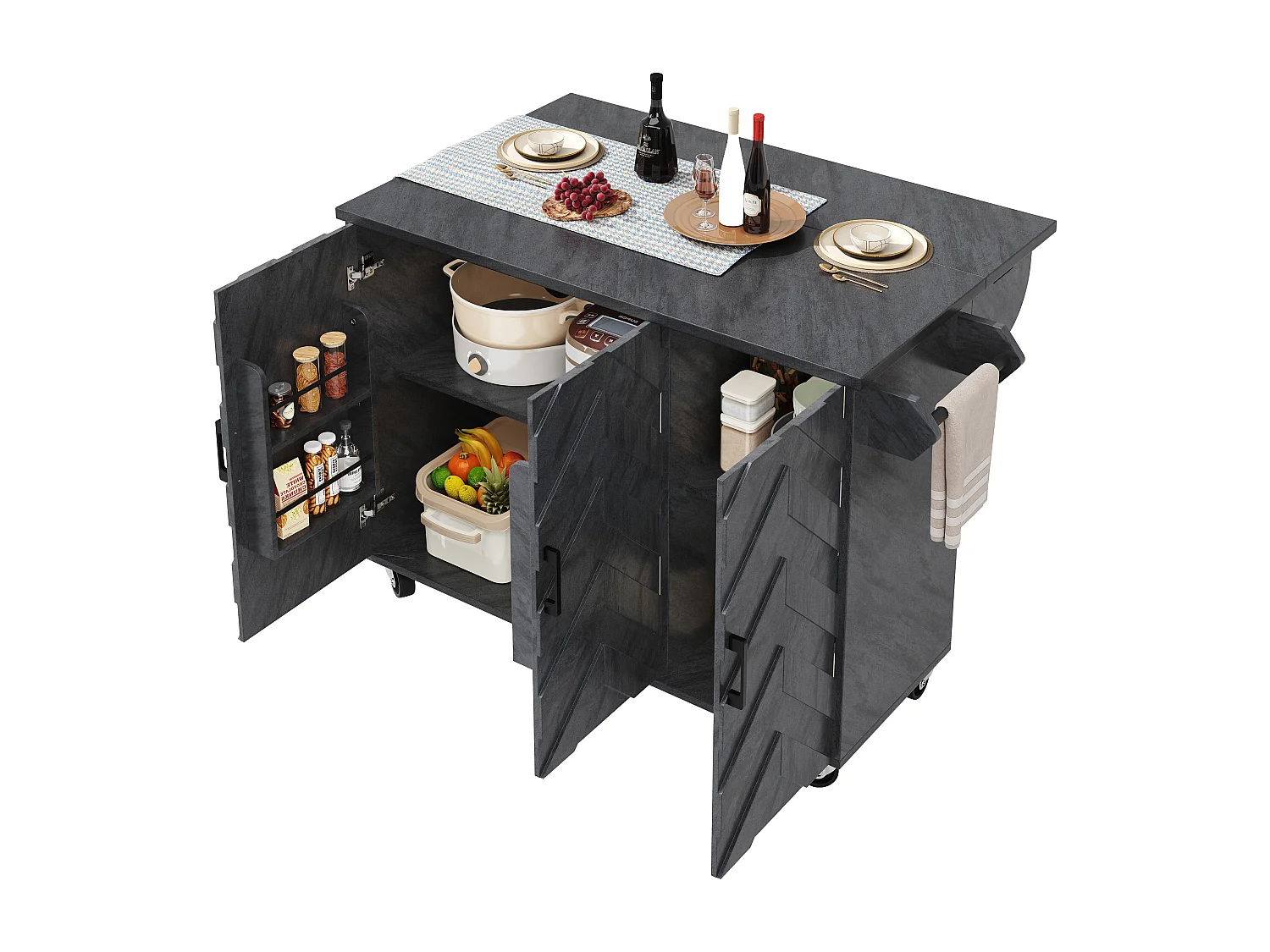 Isola centrale cucina mobile - Piano estendibile - 130x75x92 cm - 3 ante - ripiani aperti - con portasciugamani - MDF - Grigio