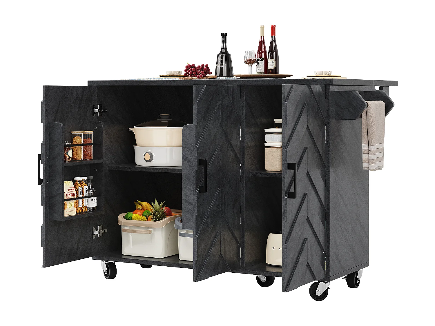 Isola centrale cucina mobile - Piano estendibile - 130x75x92 cm - 3 ante - ripiani aperti - con portasciugamani - MDF - Grigio