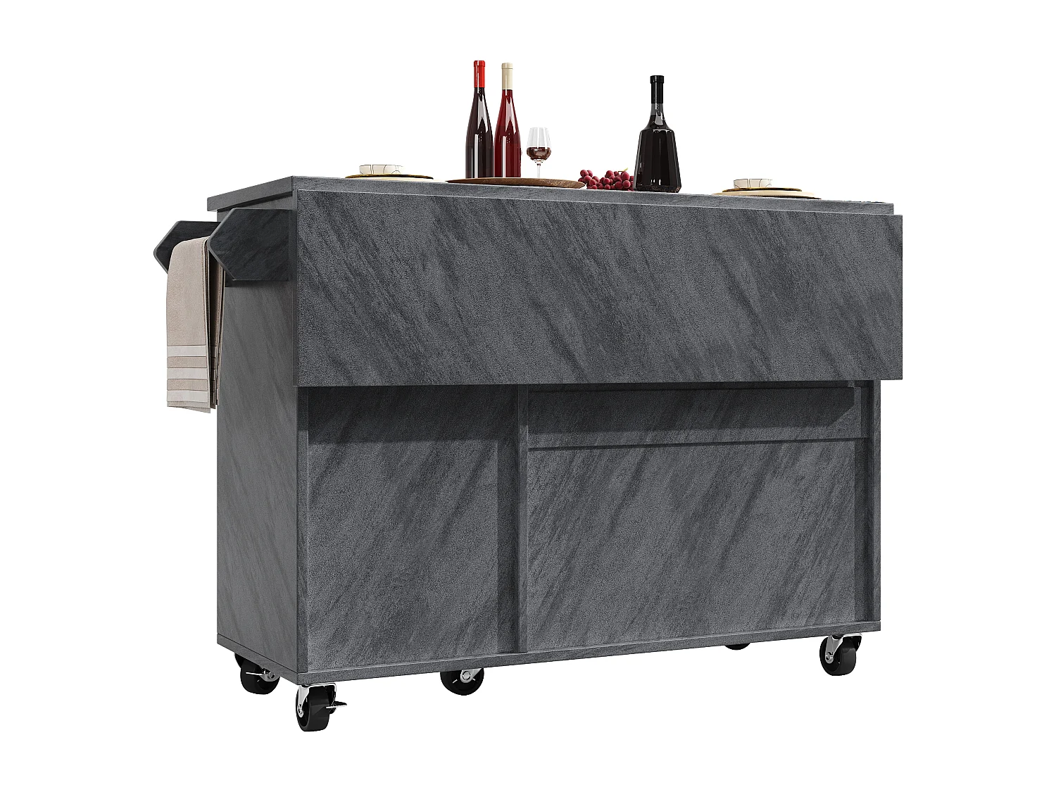 Isola centrale cucina mobile - Piano estendibile - 130x75x92 cm - 3 ante - ripiani aperti - con portasciugamani - MDF - Grigio
