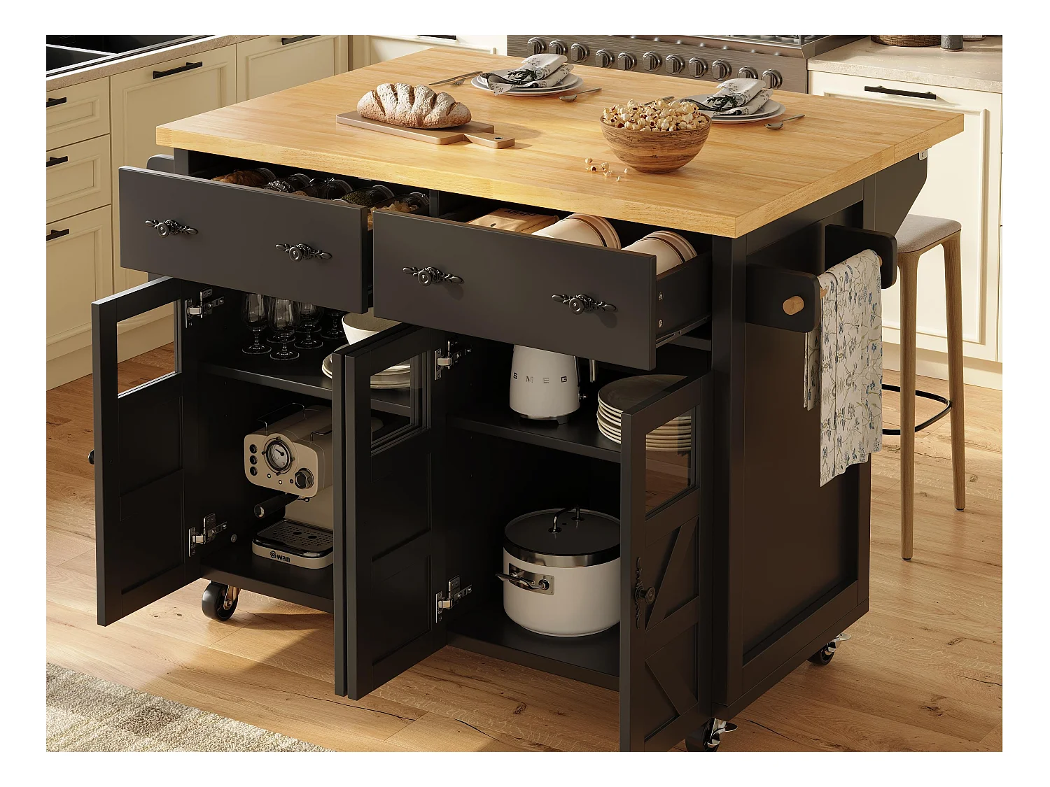 Ilot central de cuisine mobile - Plateau extensible - 140x73x93.5cm - 2 tiroirs et 4 portes - étagères ouvertes - avec porte-serviettes - MDF - Noir