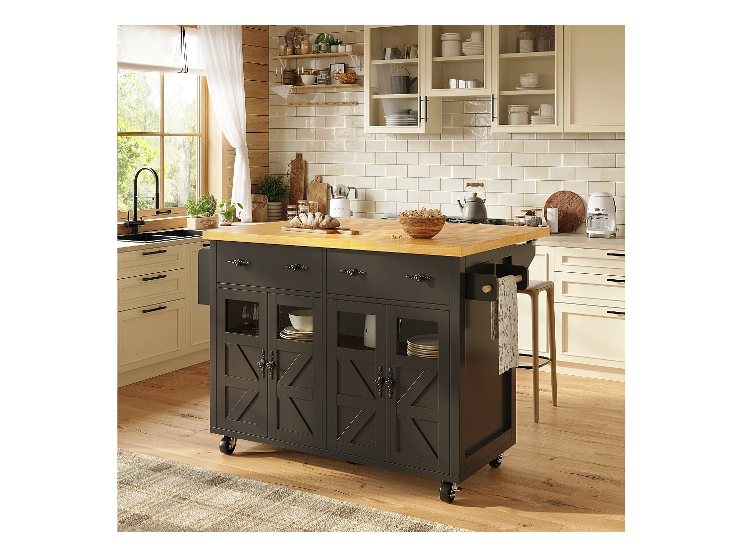 Ilot central de cuisine mobile - Plateau extensible - 140x73x93.5cm - 2 tiroirs et 4 portes - étagères ouvertes - avec porte-serviettes - MDF - Noir