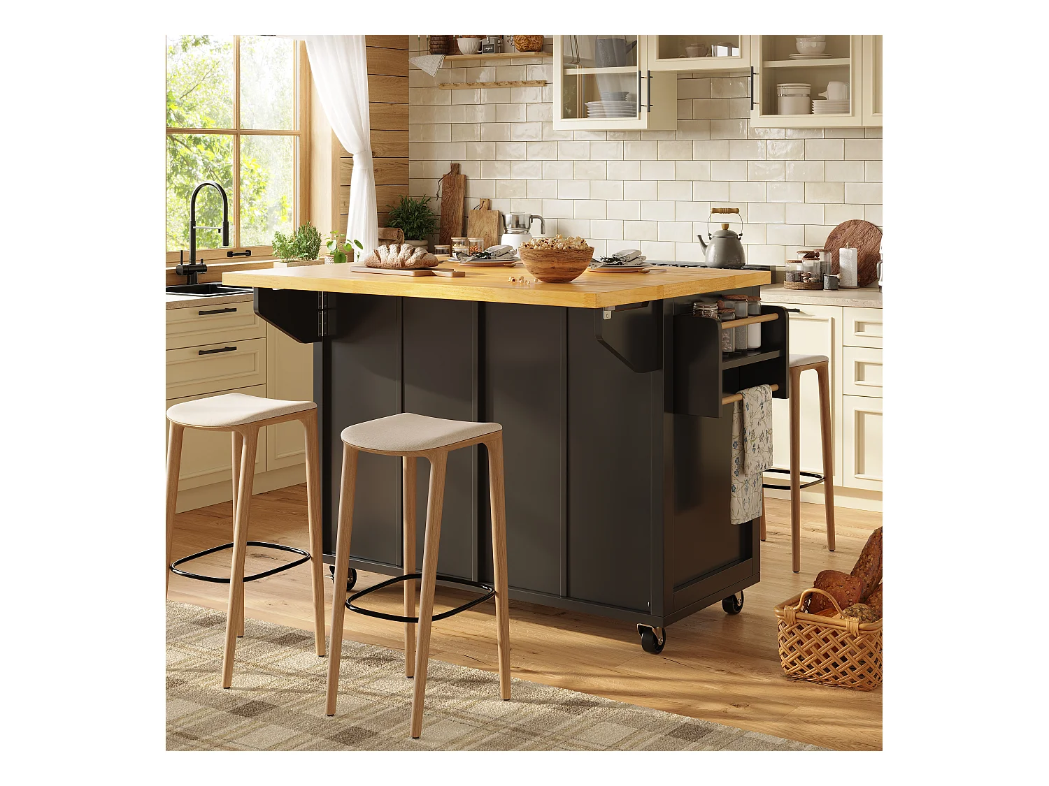 Ilot central de cuisine mobile - Plateau extensible - 140x73x93.5cm - 2 tiroirs et 4 portes - étagères ouvertes - avec porte-serviettes - MDF - Noir