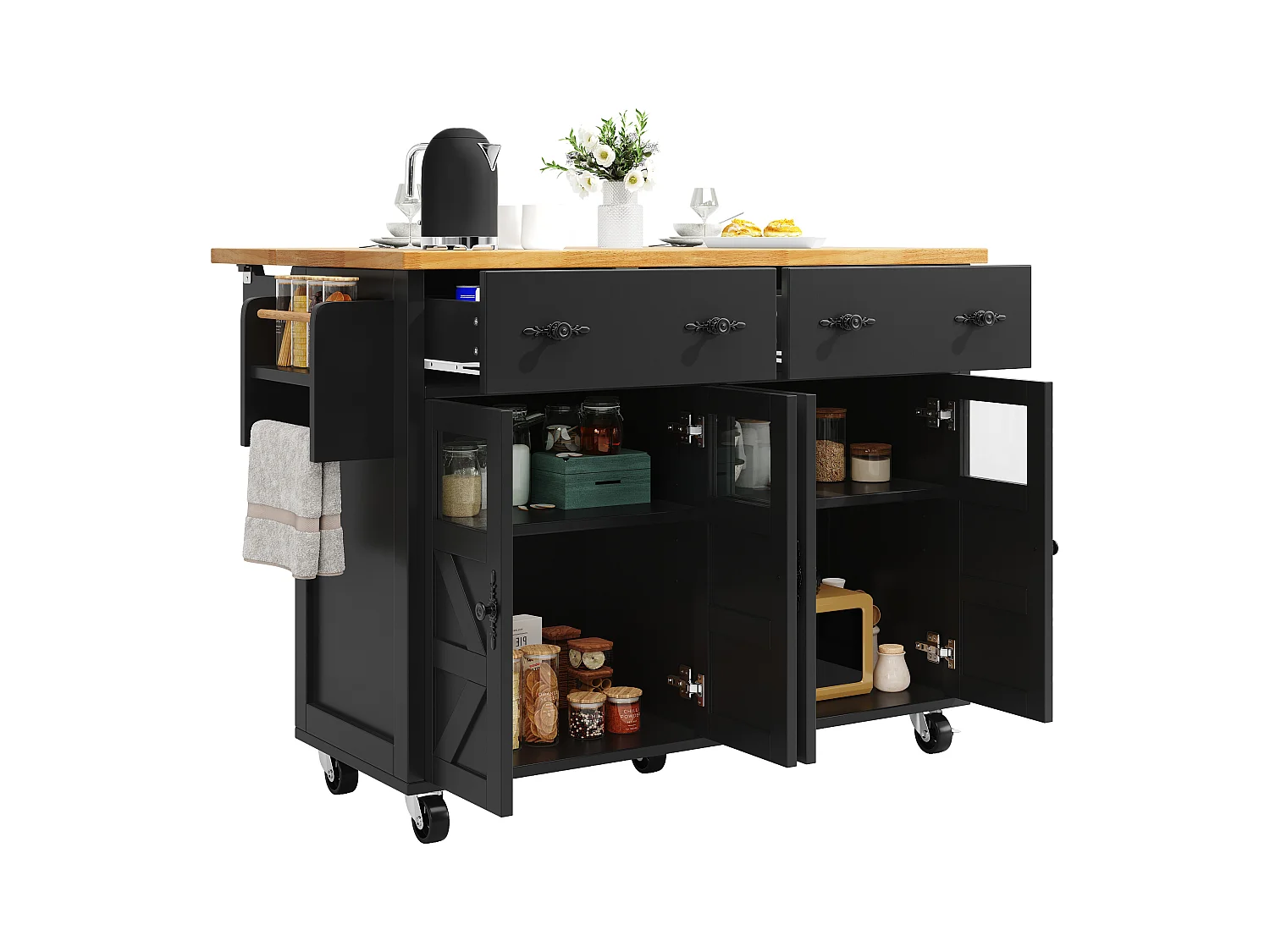 Ilot central de cuisine mobile - Plateau extensible - 140x73x93.5cm - 2 tiroirs et 4 portes - étagères ouvertes - avec porte-serviettes - MDF - Noir