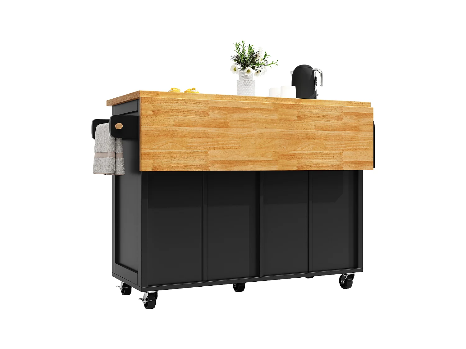 Ilot central de cuisine mobile - Plateau extensible - 140x73x93.5cm - 2 tiroirs et 4 portes - étagères ouvertes - avec porte-serviettes - MDF - Noir