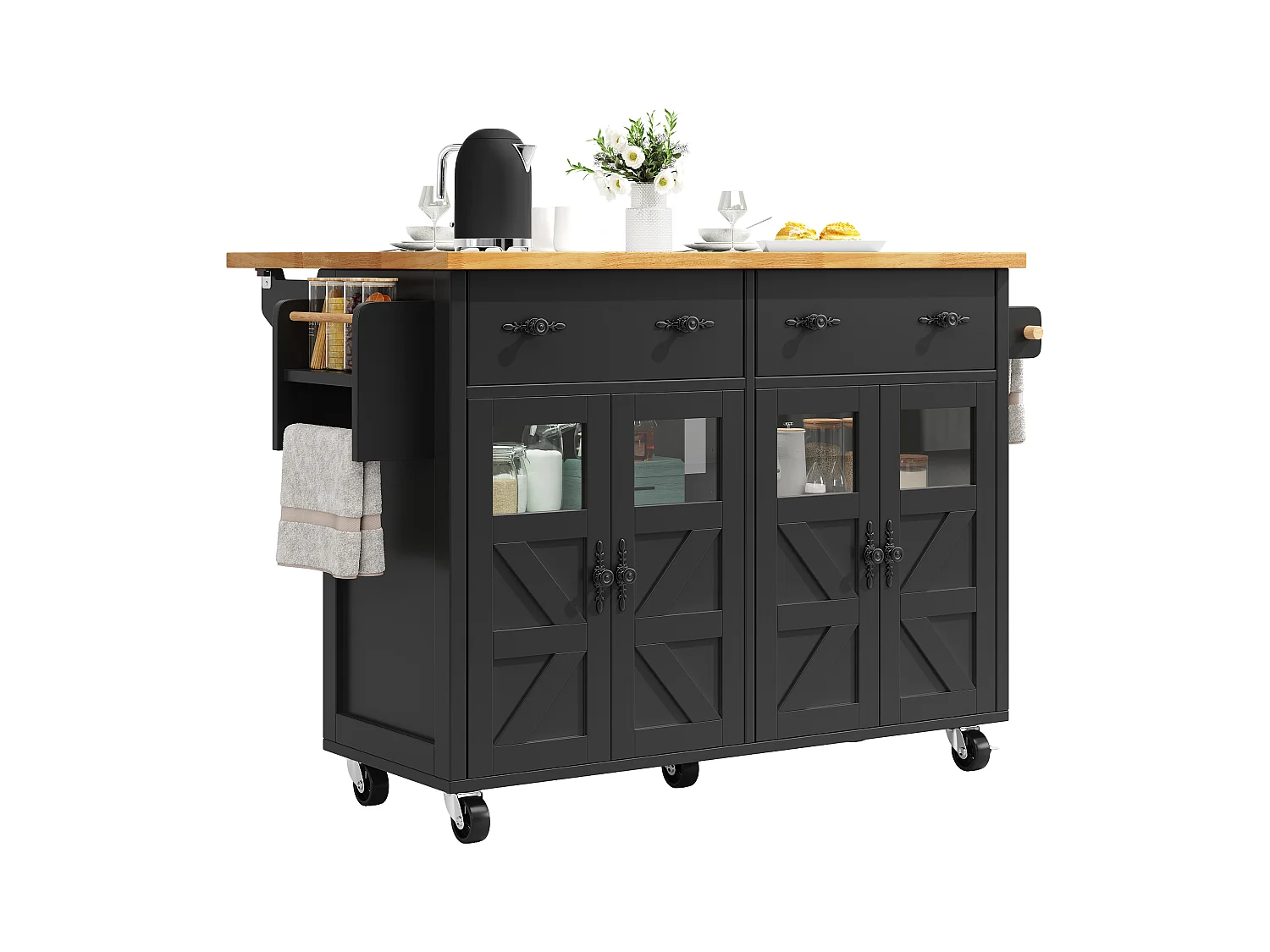 Ilot central de cuisine mobile - Plateau extensible - 140x73x93.5cm - 2 tiroirs et 4 portes - étagères ouvertes - avec porte-serviettes - MDF - Noir