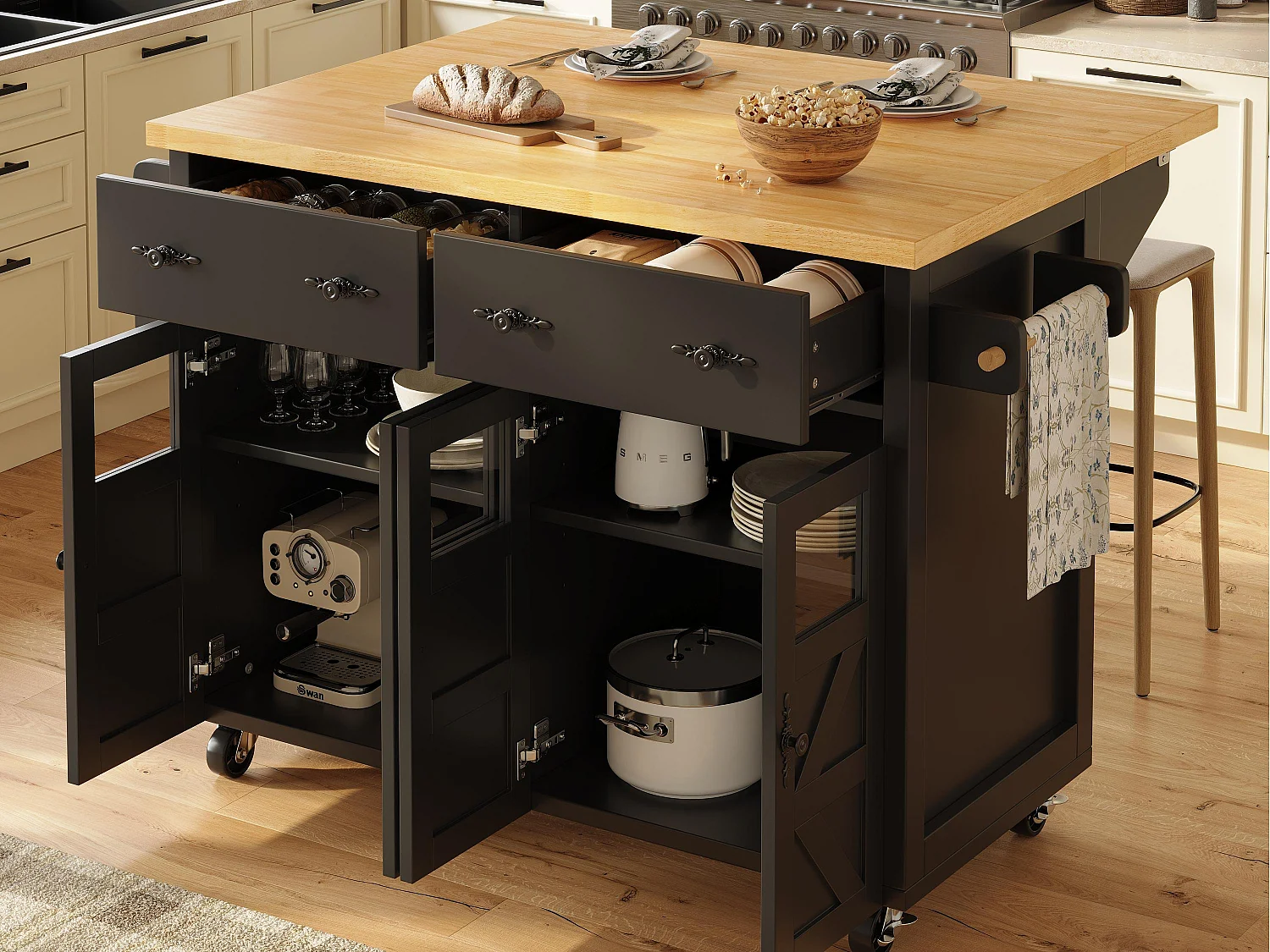 Isola centrale cucina mobile - Piano estendibile - 140x73x93.5 cm - 2 cassetti e 4 ante - ripiani aperti - con portasciugamani - MDF - Nero