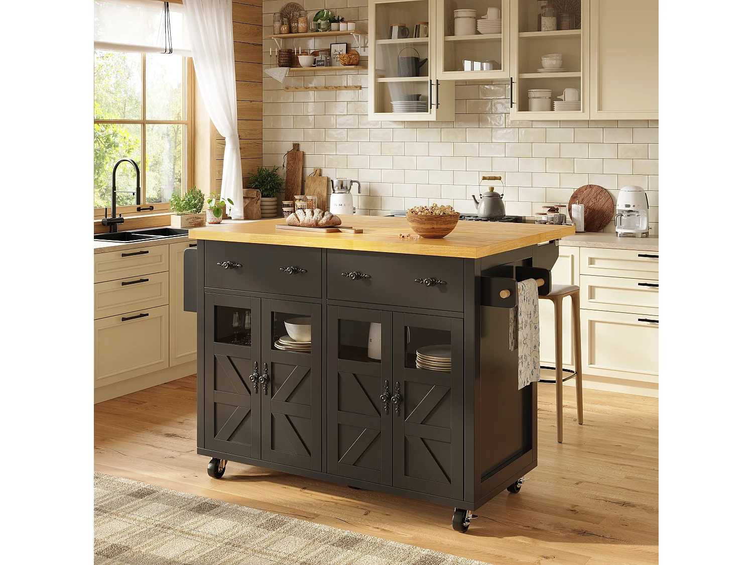 Isola centrale cucina mobile - Piano estendibile - 140x73x93.5 cm - 2 cassetti e 4 ante - ripiani aperti - con portasciugamani - MDF - Nero