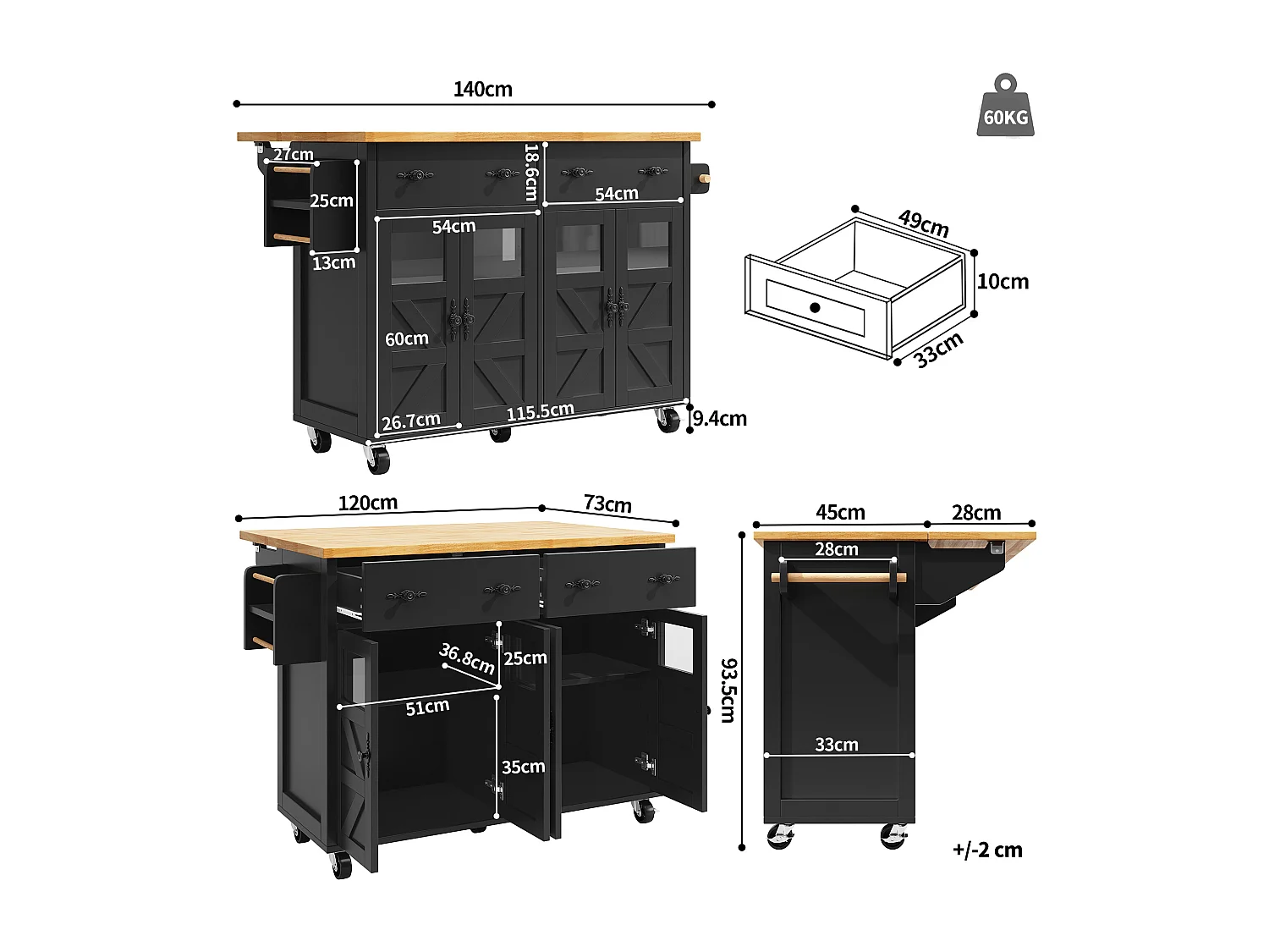Isola centrale cucina mobile - Piano estendibile - 140x73x93.5 cm - 2 cassetti e 4 ante - ripiani aperti - con portasciugamani - MDF - Nero