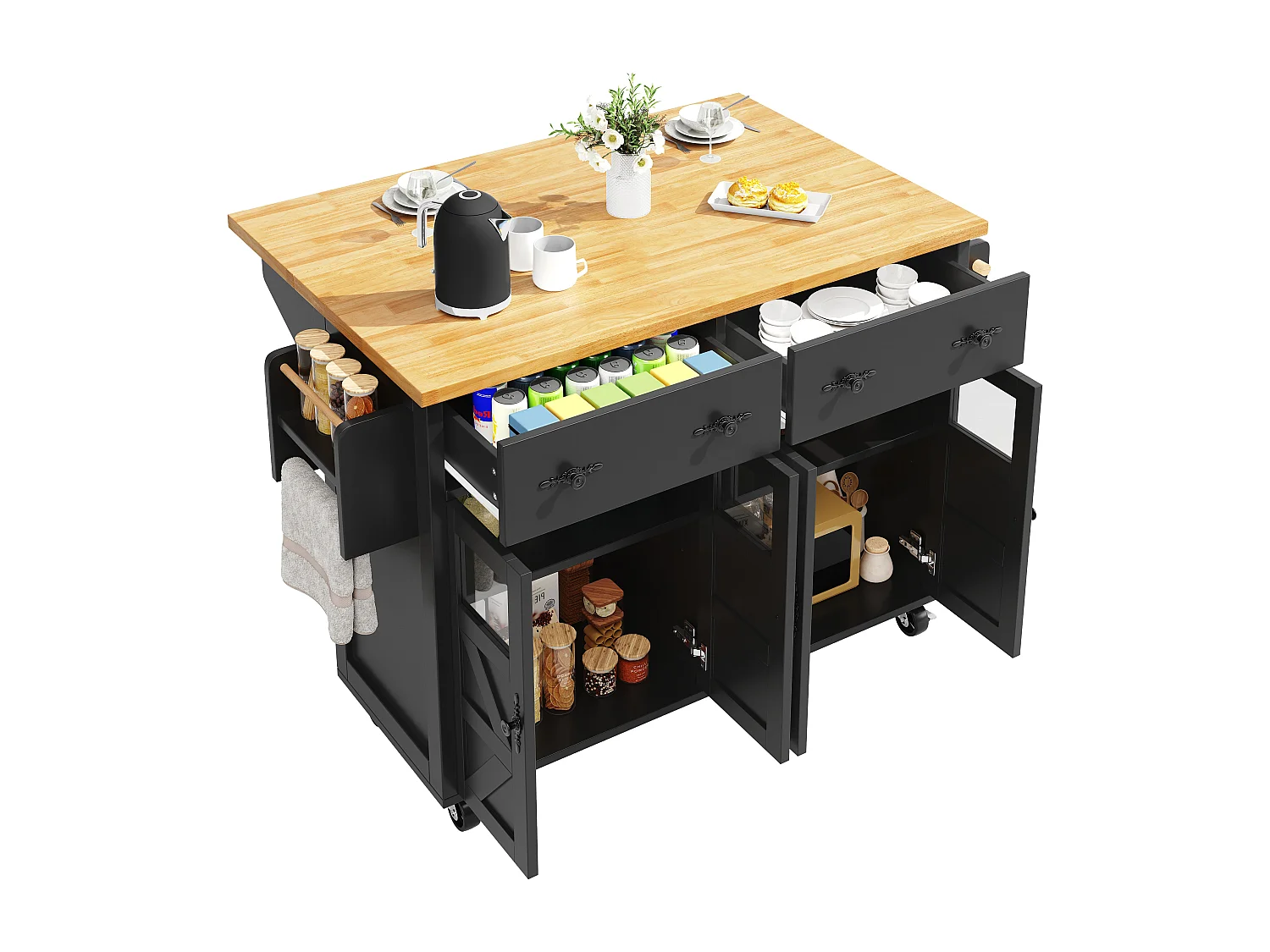 Isola centrale cucina mobile - Piano estendibile - 140x73x93.5 cm - 2 cassetti e 4 ante - ripiani aperti - con portasciugamani - MDF - Nero