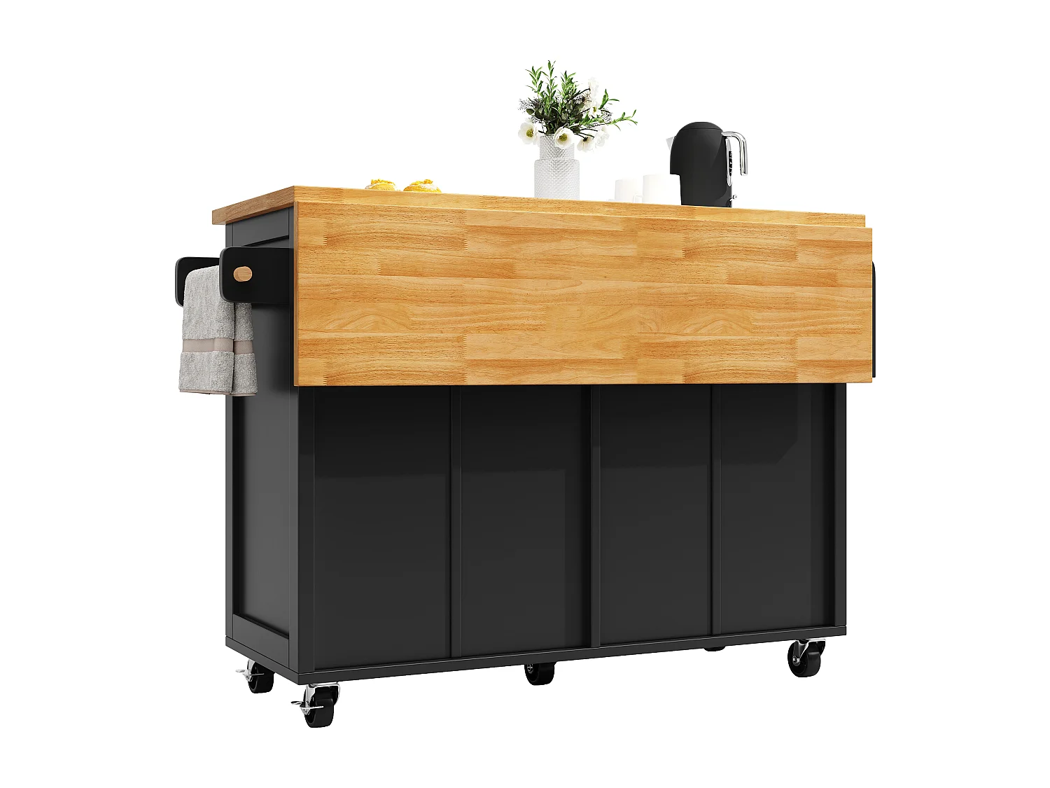 Isola centrale cucina mobile - Piano estendibile - 140x73x93.5 cm - 2 cassetti e 4 ante - ripiani aperti - con portasciugamani - MDF - Nero