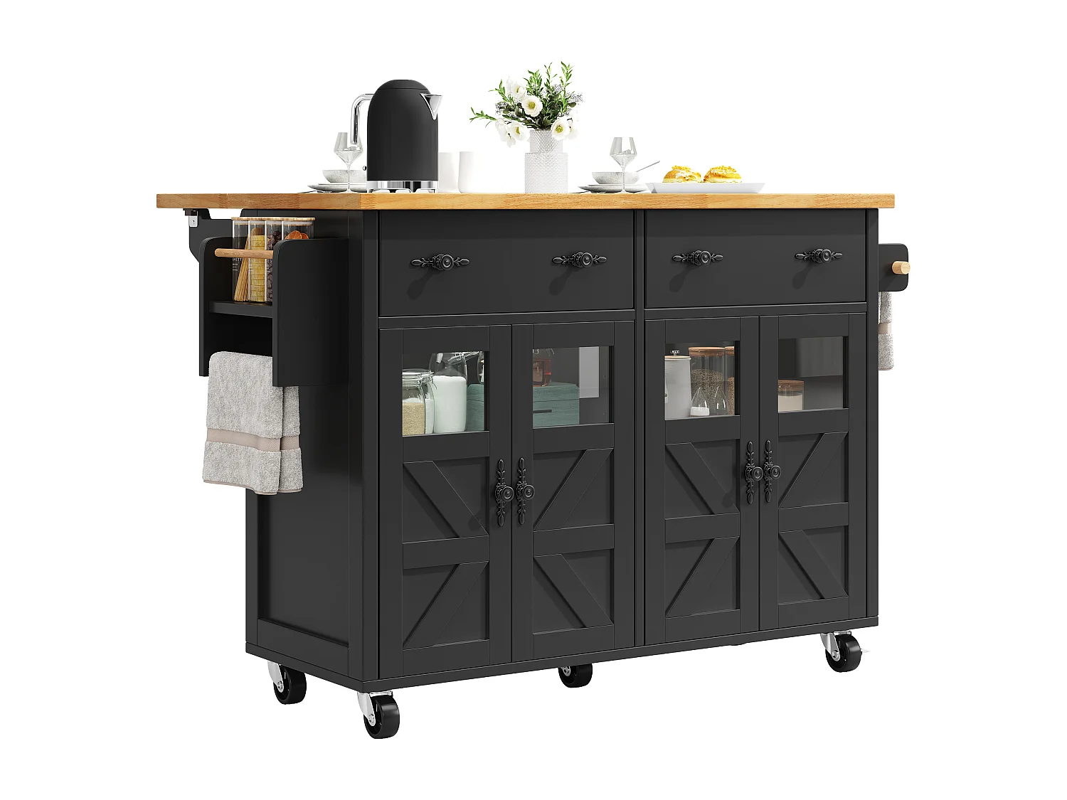 Isola centrale cucina mobile - Piano estendibile - 140x73x93.5 cm - 2 cassetti e 4 ante - ripiani aperti - con portasciugamani - MDF - Nero