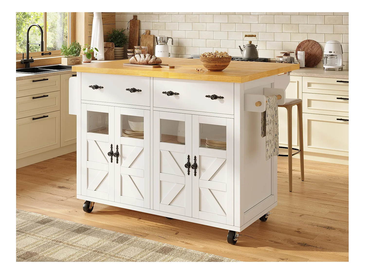 Ilot central de cuisine mobile - Plateau extensible - 140x73x93.5cm - 2 tiroirs et 4 portes - étagères ouvertes - avec porte-serviettes - MDF - Blanc