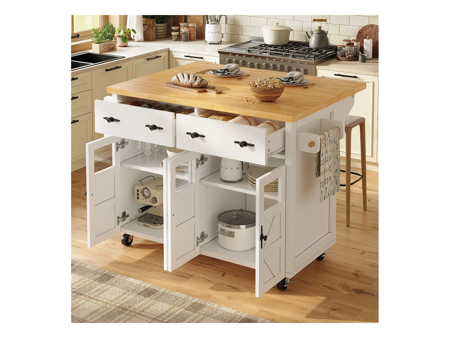 Ilot central de cuisine mobile - Plateau extensible - 140x73x93.5cm - 2 tiroirs et 4 portes - étagères ouvertes - avec porte-serviettes - MDF - Blanc