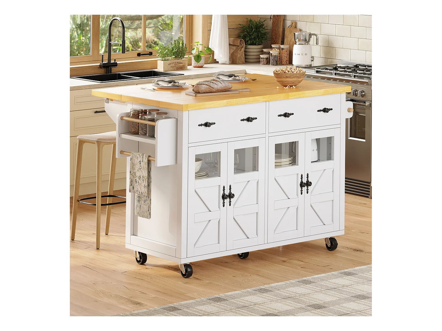 Ilot central de cuisine mobile - Plateau extensible - 140x73x93.5cm - 2 tiroirs et 4 portes - étagères ouvertes - avec porte-serviettes - MDF - Blanc