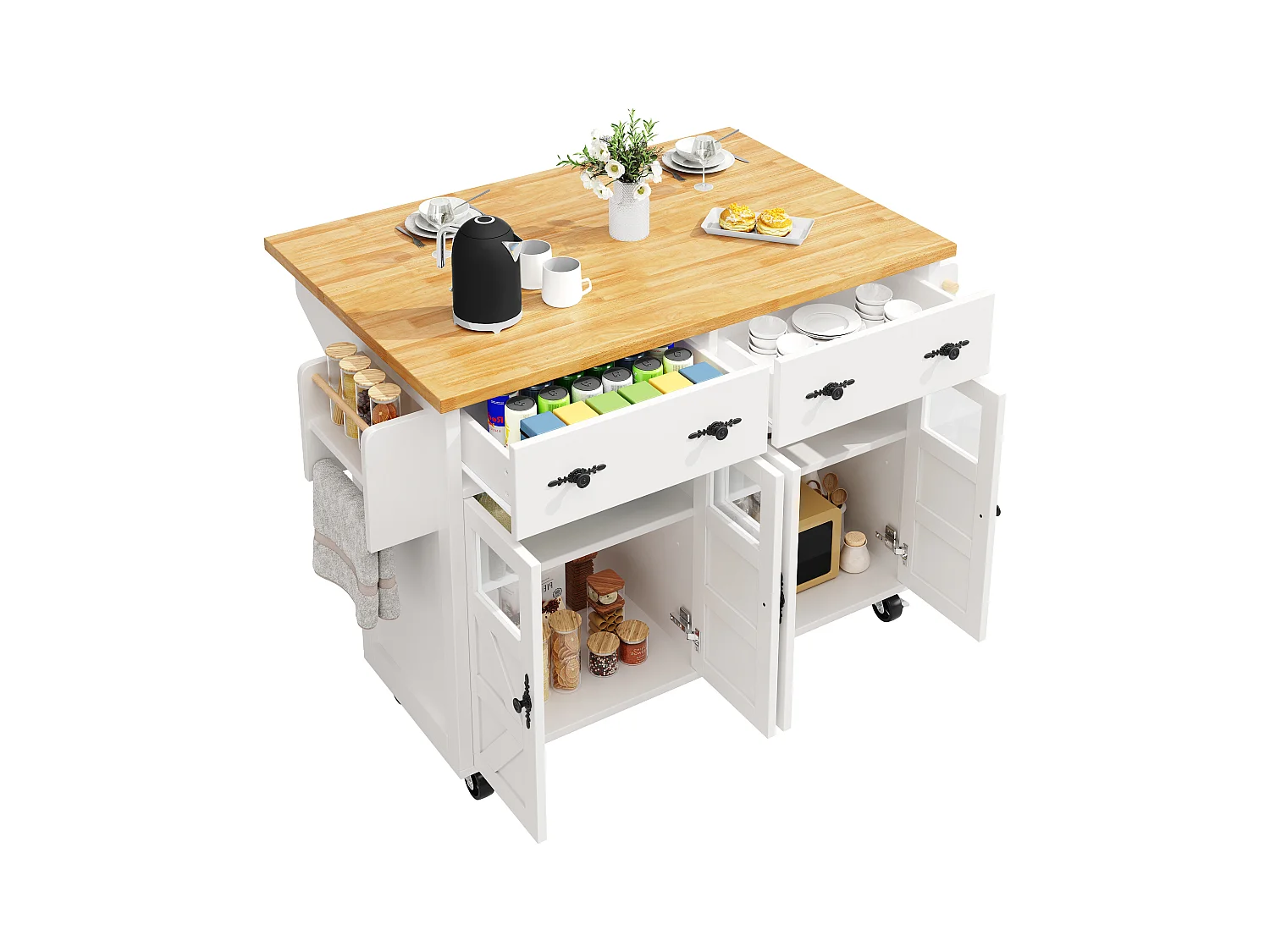Ilot central de cuisine mobile - Plateau extensible - 140x73x93.5cm - 2 tiroirs et 4 portes - étagères ouvertes - avec porte-serviettes - MDF - Blanc