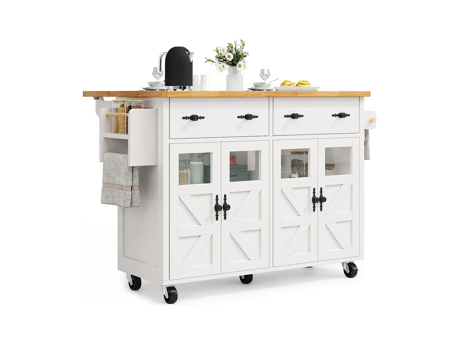 Ilot central de cuisine mobile - Plateau extensible - 140x73x93.5cm - 2 tiroirs et 4 portes - étagères ouvertes - avec porte-serviettes - MDF - Blanc