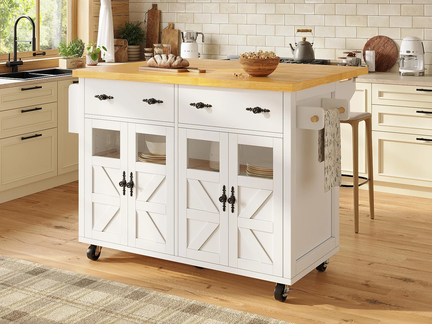 Isola centrale cucina mobile - Piano estendibile - 140x73x93.5 cm - 2 cassetti e 4 ante - ripiani aperti - con portasciugamani - MDF - Bianco