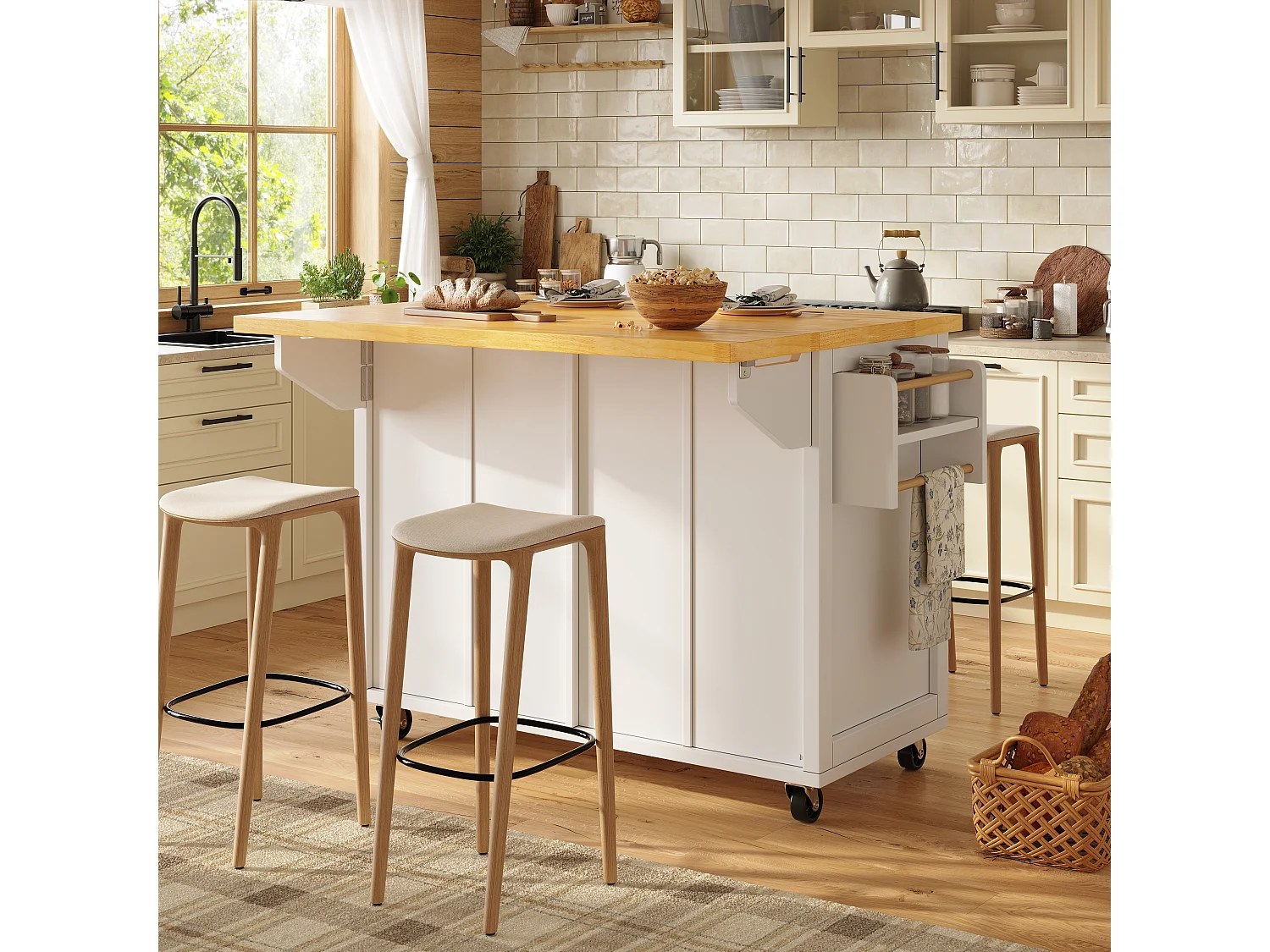 Isola centrale cucina mobile - Piano estendibile - 140x73x93.5 cm - 2 cassetti e 4 ante - ripiani aperti - con portasciugamani - MDF - Bianco