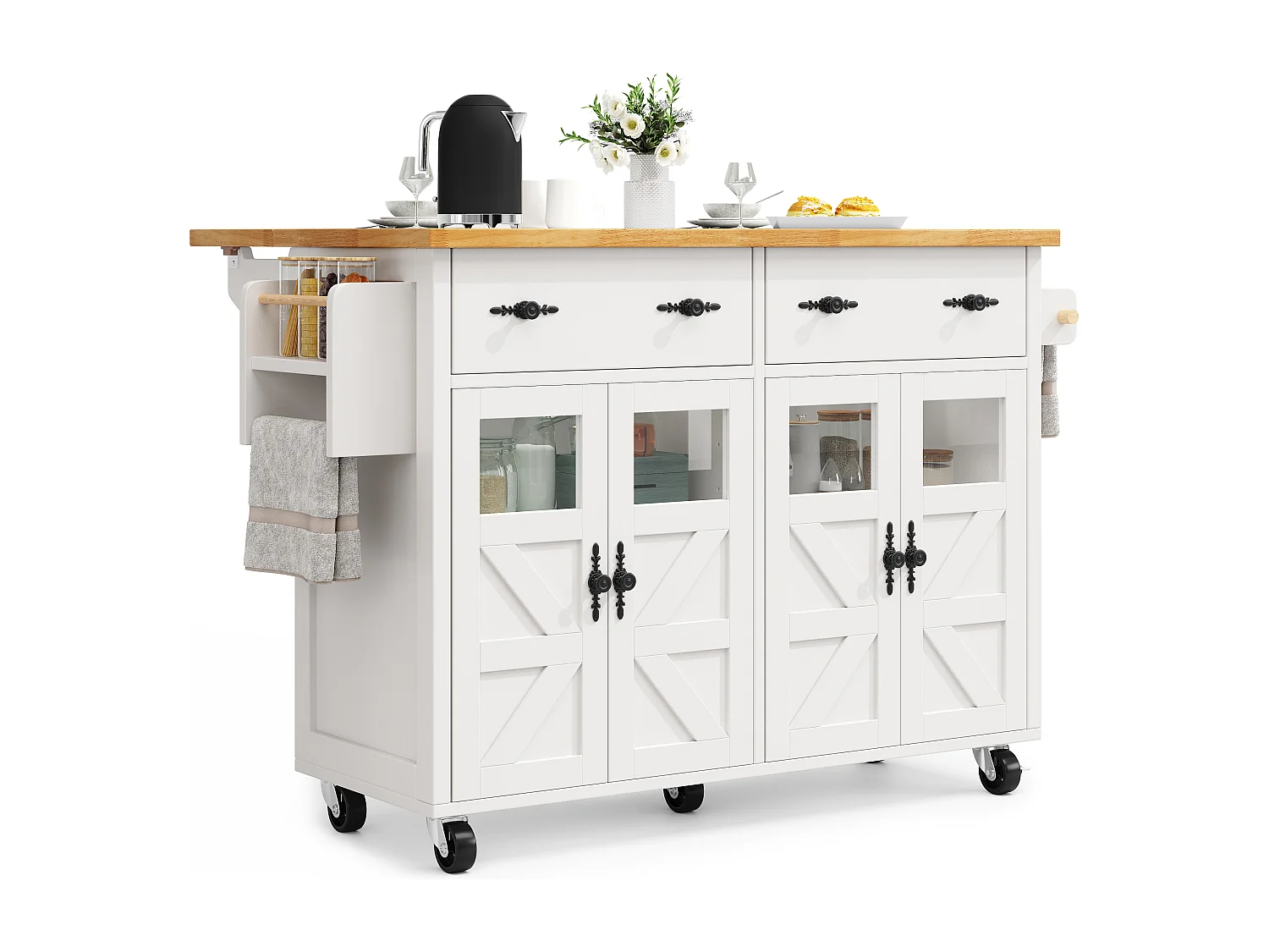 Isola centrale cucina mobile - Piano estendibile - 140x73x93.5 cm - 2 cassetti e 4 ante - ripiani aperti - con portasciugamani - MDF - Bianco