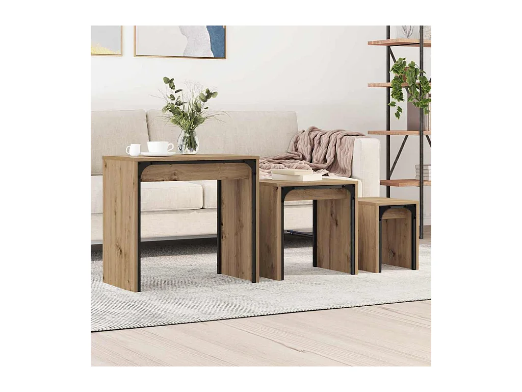 Table basse gigogne 3 pièces chêne artisanal 60 x 35 x 56 cm