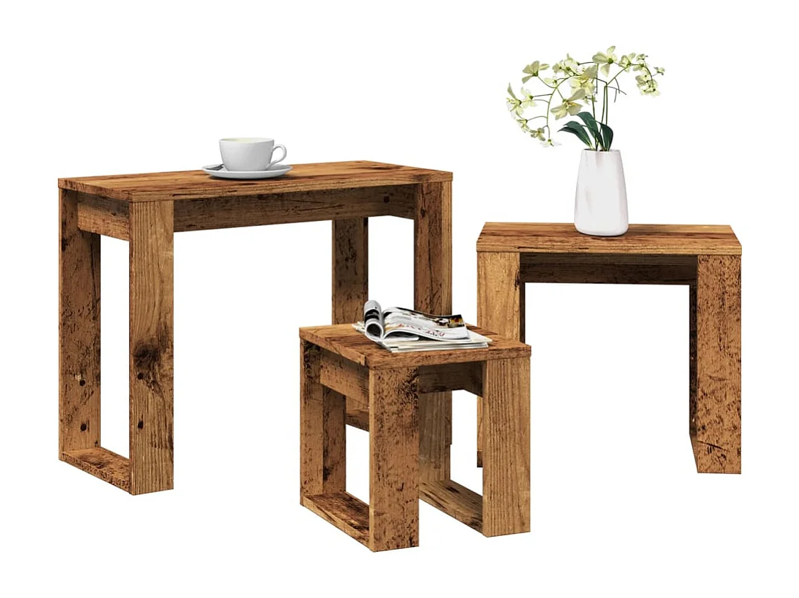 3-delige Bijzettafelset bewerkt hout oud houtkleurig