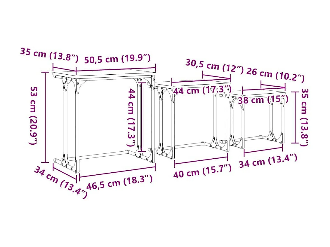 Table basse gigogne 3 pièces chêne artisanal 50.5 x 35 x 53 cm