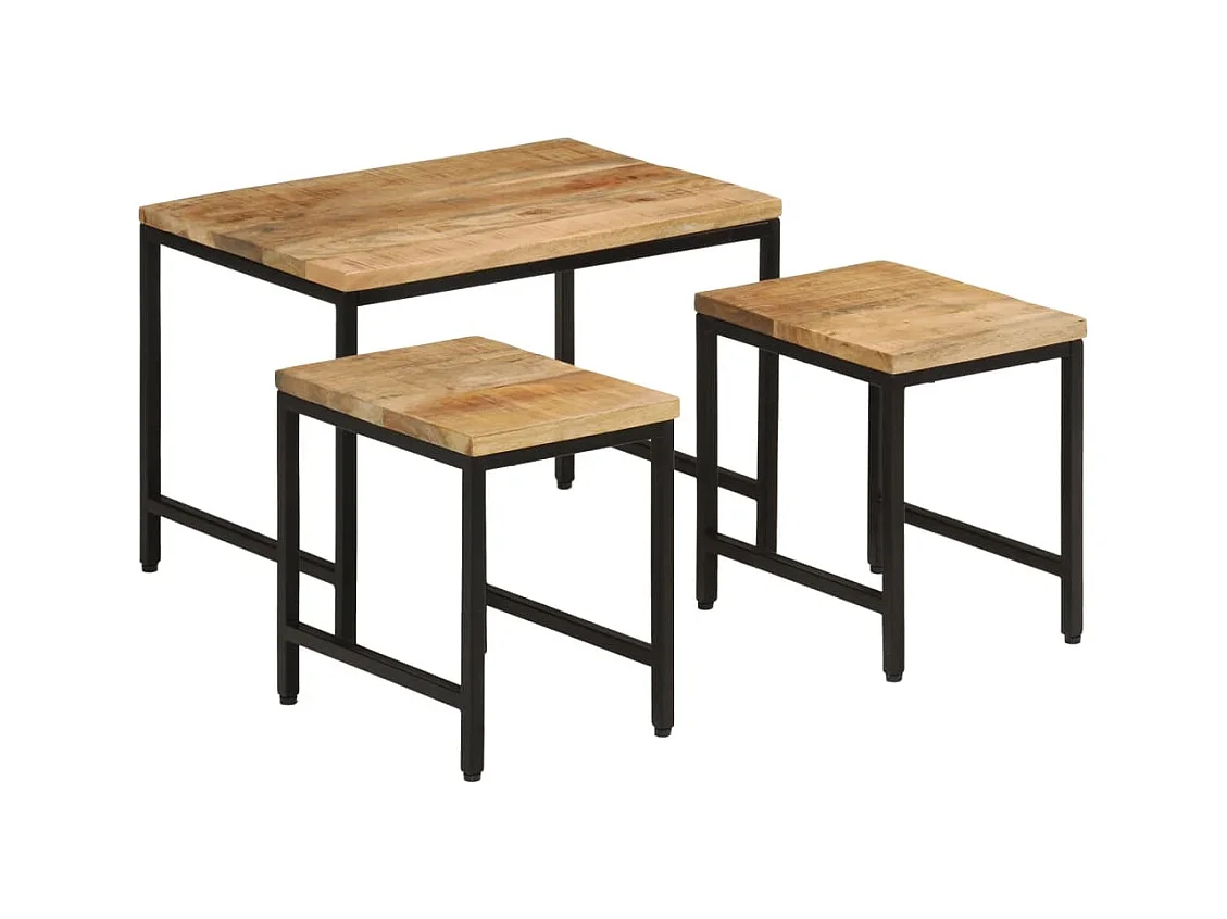 Tables basses gigognes 3 pièces bois de manguier massif brut et fer