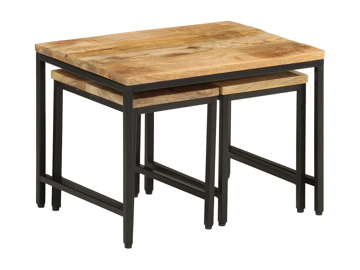 Tables basses gigognes 3 pièces bois de manguier massif brut et fer