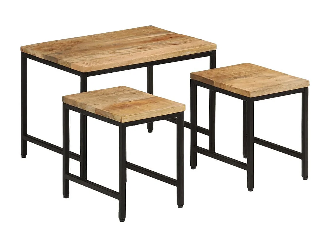 Tables basses gigognes 3 pièces bois de manguier massif brut et fer