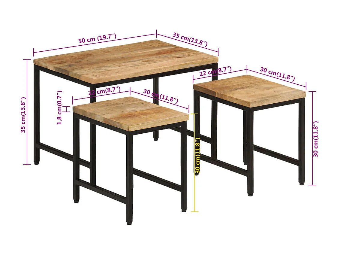 Tables basses gigognes 3 pièces bois de manguier massif brut et fer
