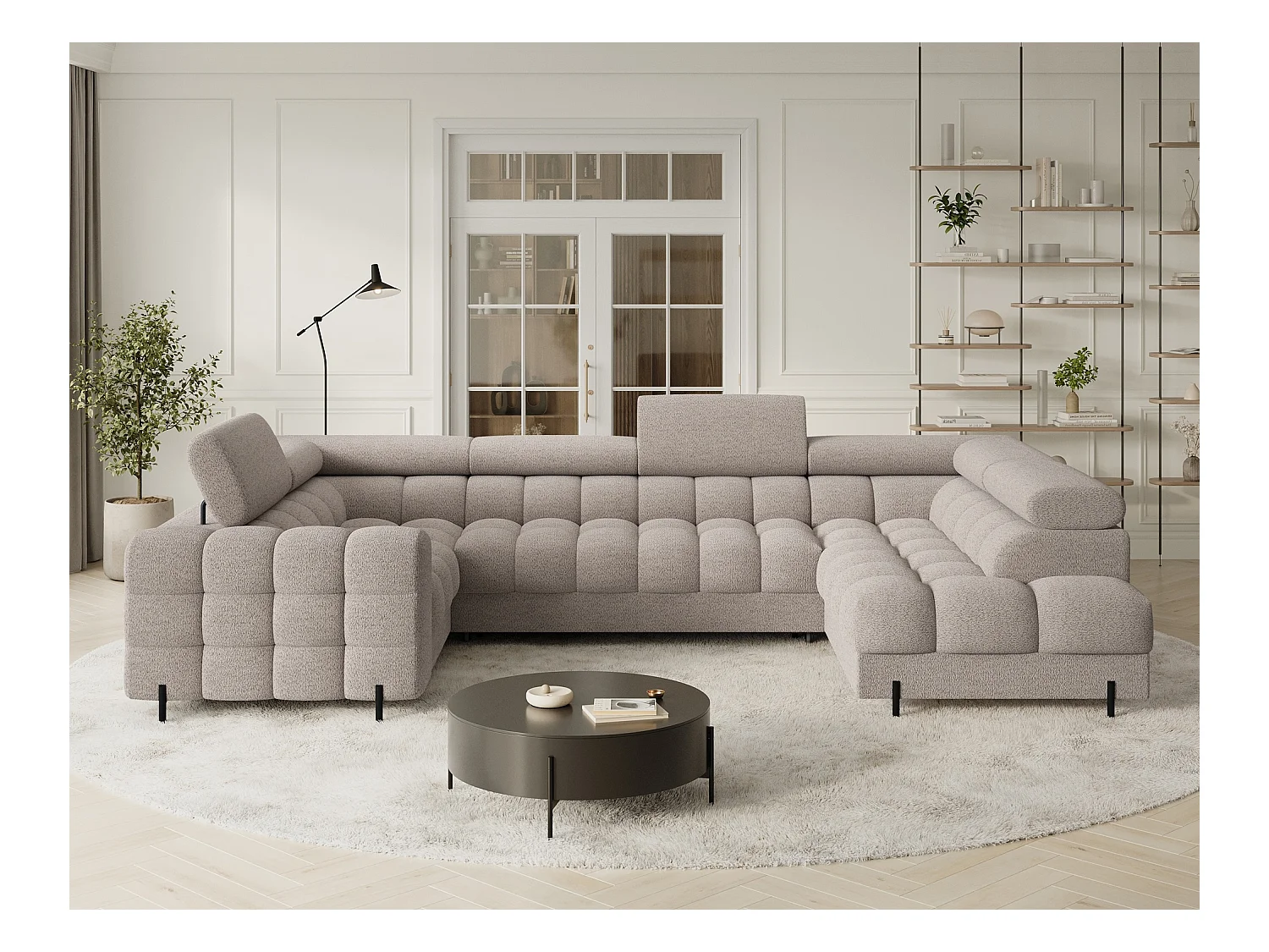 Grand canapé en U en tissu KARBON – Avec fonction lit et coffre-Beige-Méridienne A droite