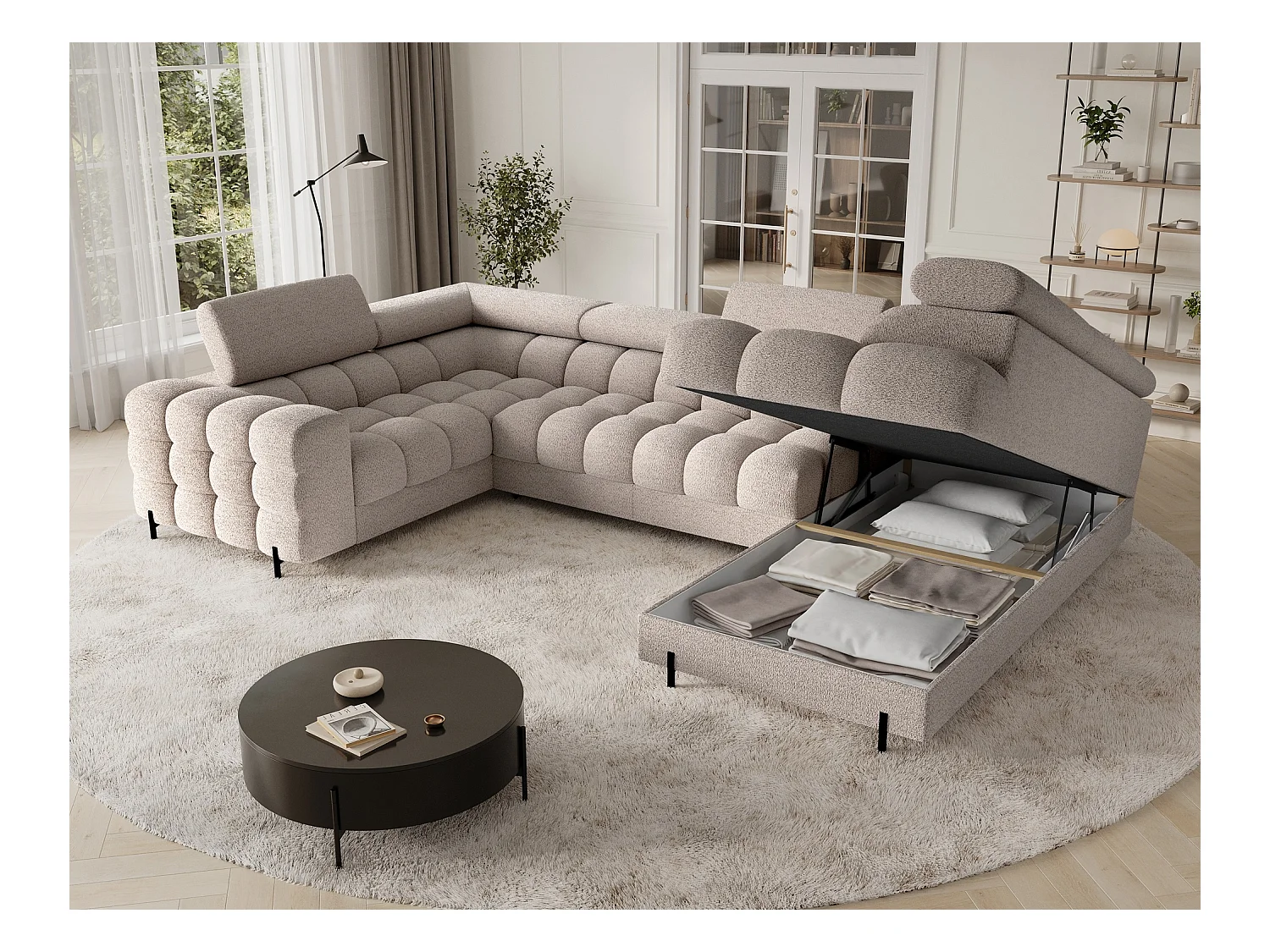 Grand canapé en U en tissu KARBON – Avec fonction lit et coffre-Beige-Méridienne A droite