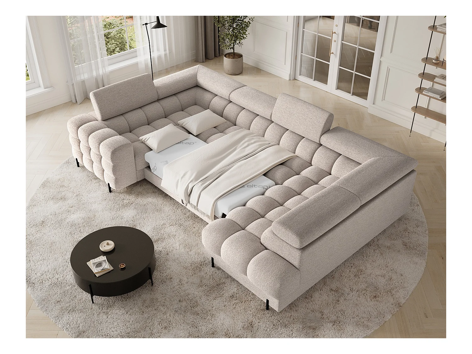 Grand canapé en U en tissu KARBON – Avec fonction lit et coffre-Beige-Méridienne A droite