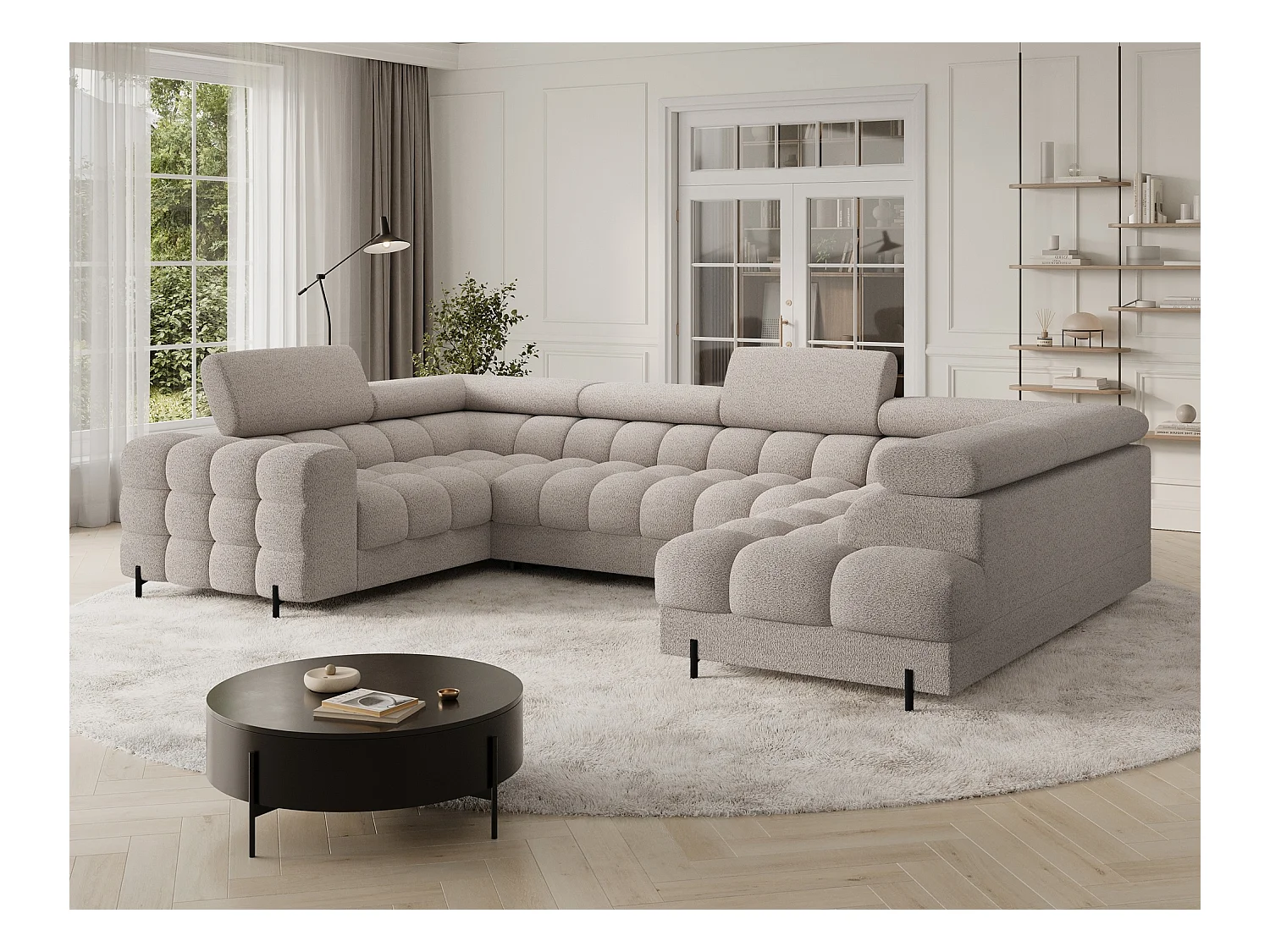 Grand canapé en U en tissu KARBON – Avec fonction lit et coffre-Beige-Méridienne A droite