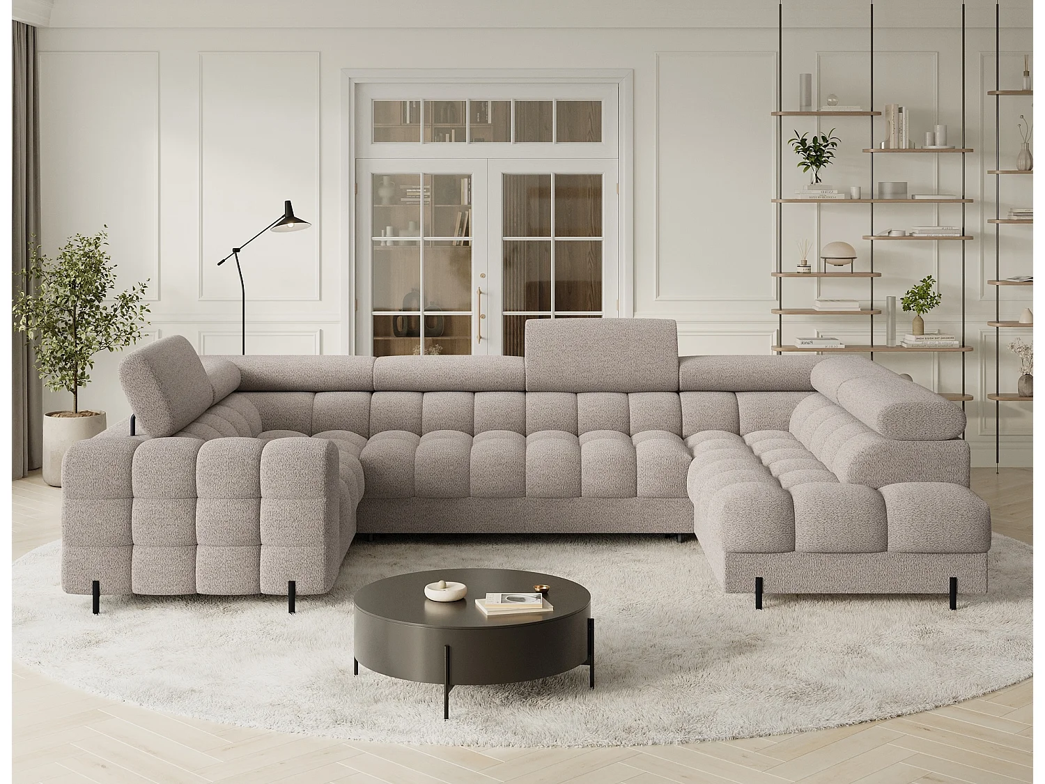 Grand canapé en U en tissu KARBON – Avec fonction lit et coffre-Beige-Méridienne A droite