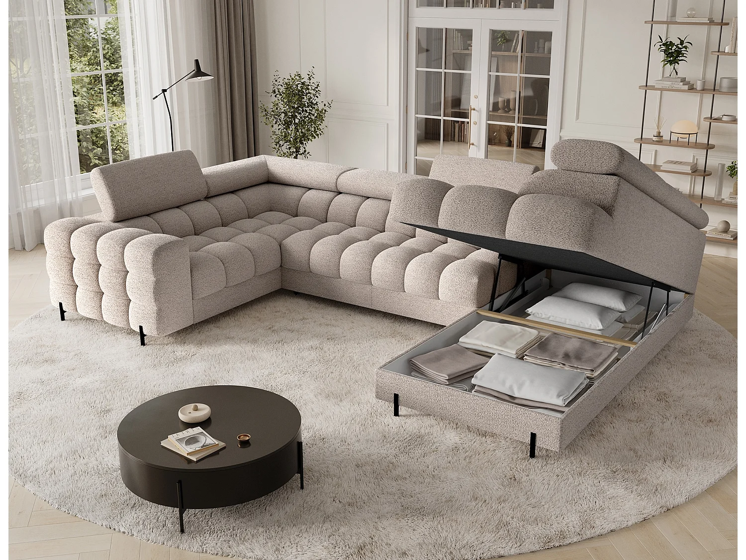 Grand canapé en U en tissu KARBON – Avec fonction lit et coffre-Beige-Méridienne A droite