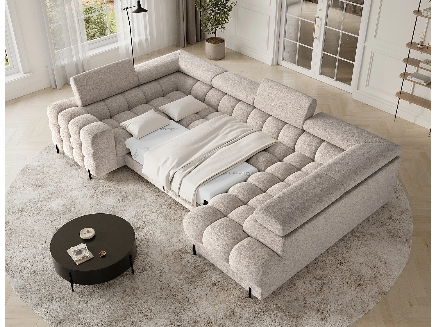 Grand canapé en U en tissu KARBON – Avec fonction lit et coffre-Beige-Méridienne A droite