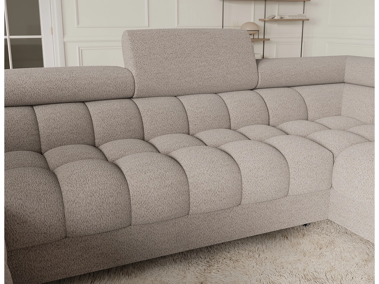 Grand canapé en U en tissu KARBON – Avec fonction lit et coffre-Beige-Méridienne A droite