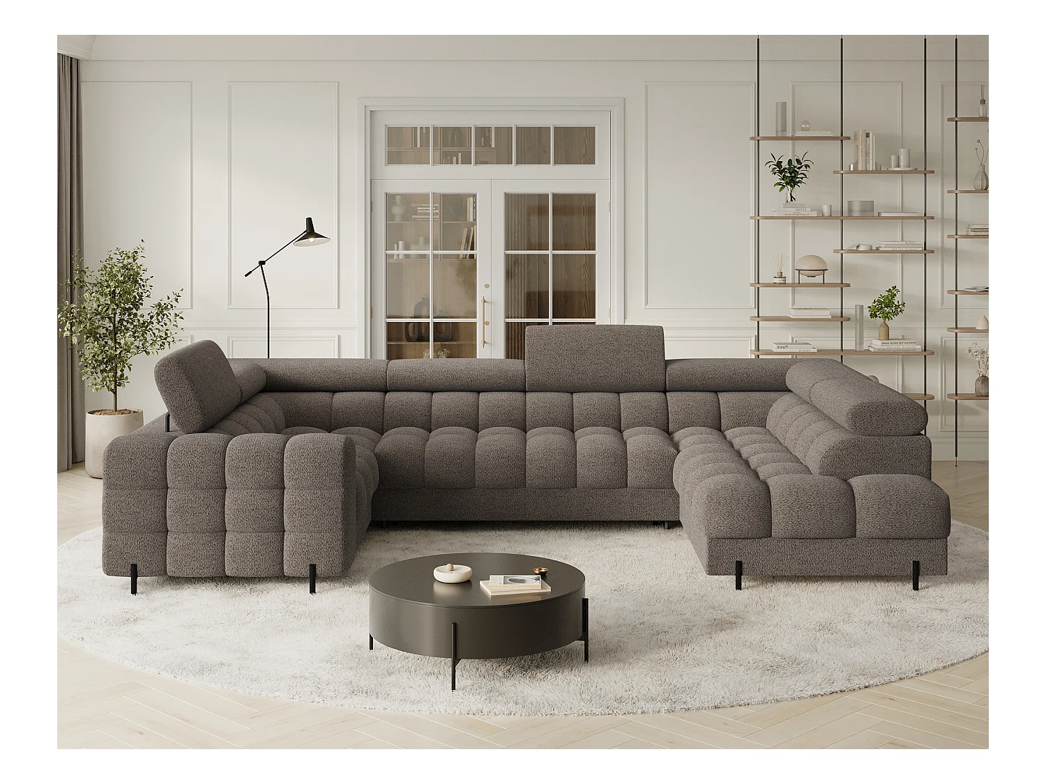 Grand canapé en U en tissu KARBON – Avec fonction lit et coffre-Marron-Méridienne A droite