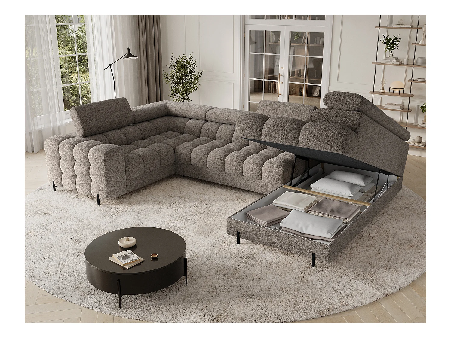 Grand canapé en U en tissu KARBON – Avec fonction lit et coffre-Marron-Méridienne A droite